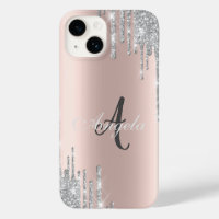 Modern Silver Glitter Drips, Rose Gold,Monogram 