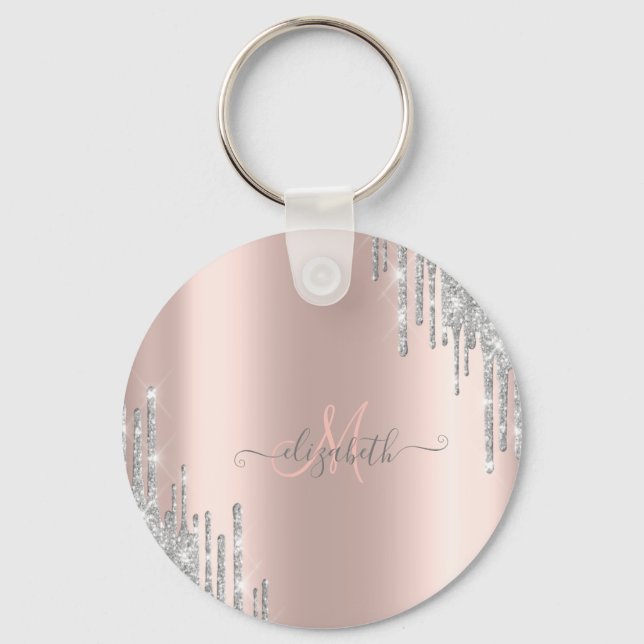 Modern Silver Glitter Drips Rose Gold Monogram   Keychain (Front)