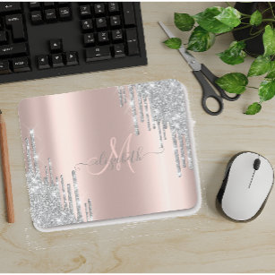 Modern Silver Glitter Drips Rose Gold Monogram Mouse Pad
