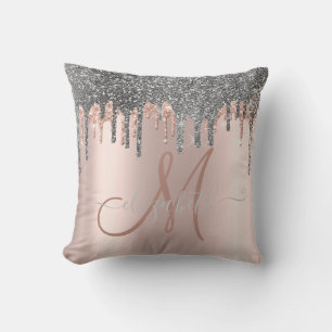 Modern Silver Glitter Drips Rose Gold  Monogram Throw Pillow