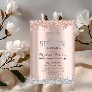 Modern Silver Glitter Drips Rose Gold  Sweet 16 Invitation