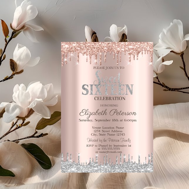 Modern Silver Glitter Drips Rose Gold  Sweet 16 Invitation (Creator Uploaded)