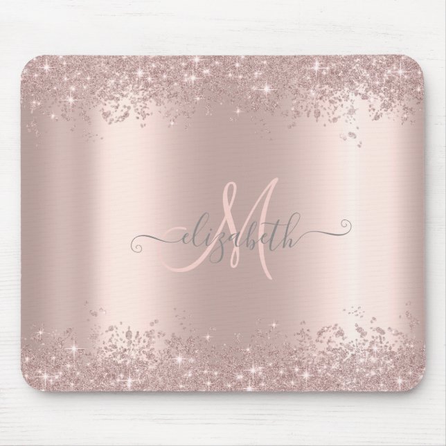 Modern Silver Glitter Dust Rose Gold Monogram Mouse Pad (Front)