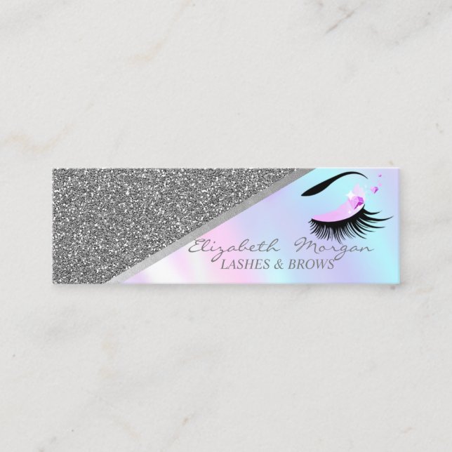 Modern Silver Glitter, Faux Lashes Holographic Mini Business Card (Front)