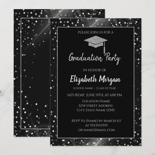 Modern Silver Glitter Graduation Cap,Polka Dots Invitation (Front/Back)