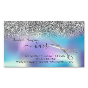 Modern Silver Glitter,Holographic, Scissors Hair Magnetic Business Card