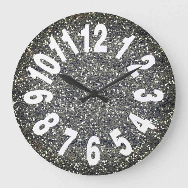 Modern Silver Glitter Large Numbers Clock (Front)