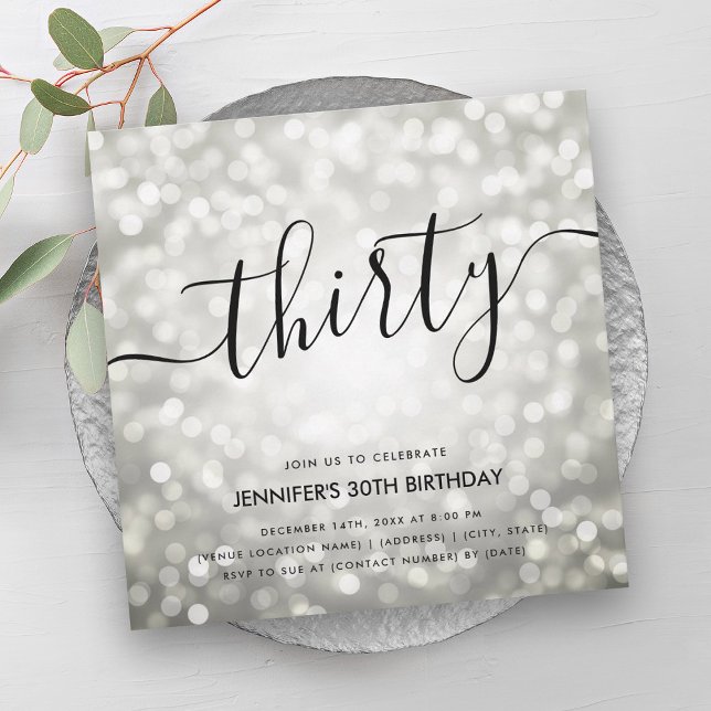 Modern Silver Glitter Lights 30th Birthday  Invitation (Modern Silver Glitter Lights 30th Birthday Invitation)