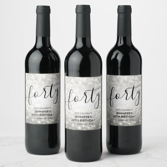 Modern Silver Glitter Lights 40th Birthday  Wine Label (Bottles)