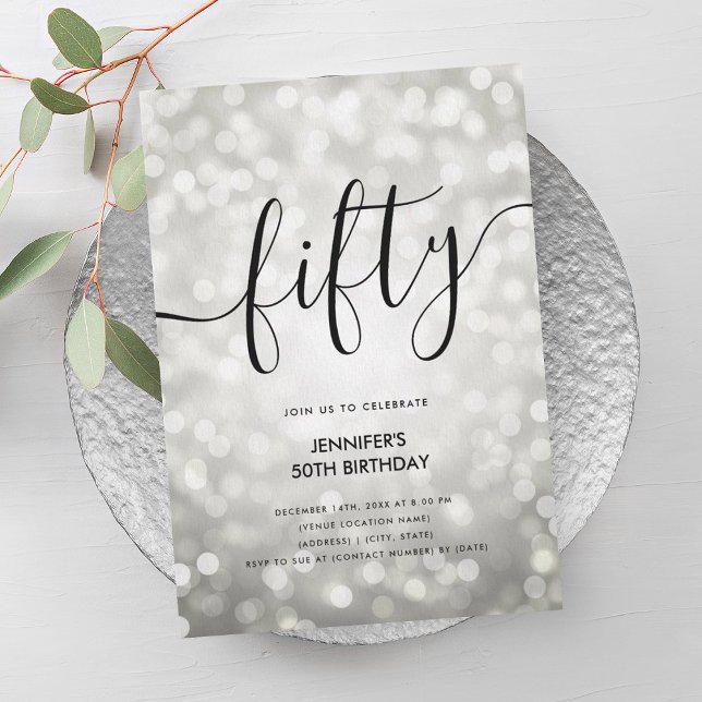 Modern Silver Glitter Lights 50th Birthday  Invitation (Modern Silver Glitter Lights 50th Birthday Invitation)