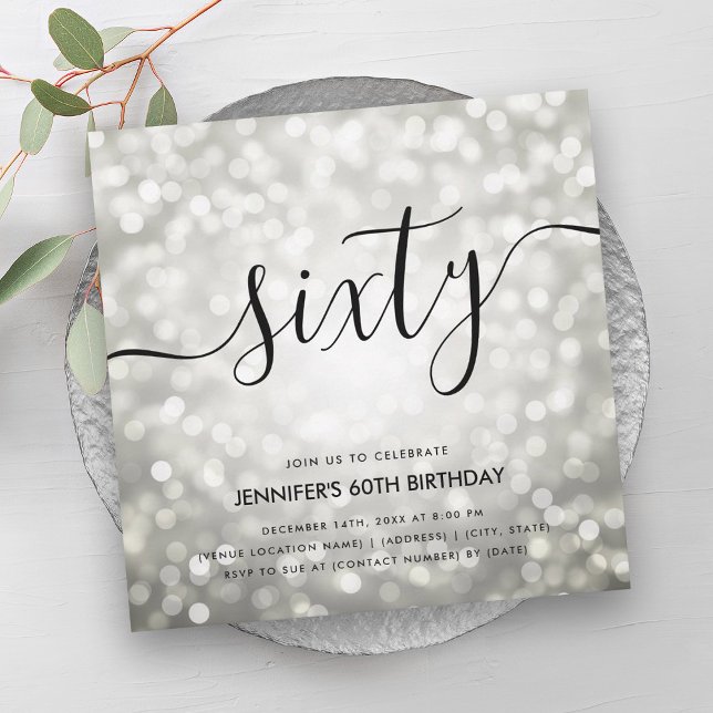 Modern Silver Glitter Lights 60th Birthday  Invitation (Modern Silver Glitter Lights 60th Birthday Invitation)