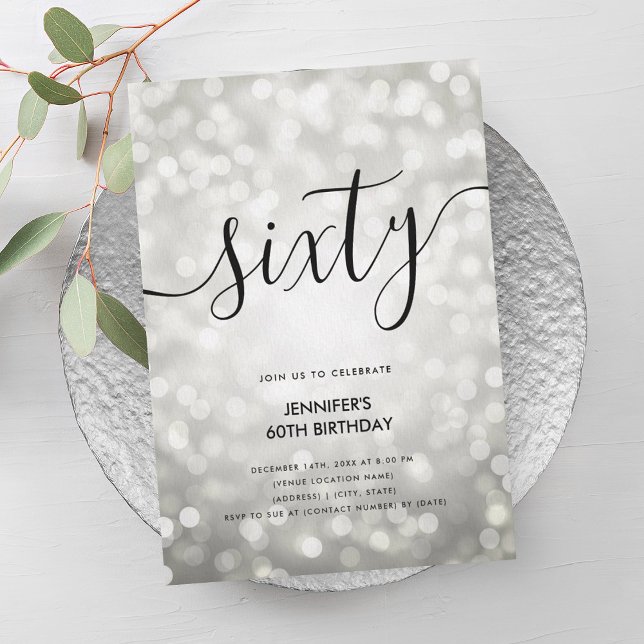 Modern Silver Glitter Lights 60th Birthday  Invitation (Modern Silver Glitter Lights 60th Birthday Invitation)