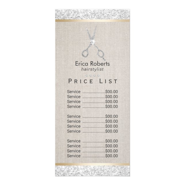 Modern Silver Glitter Linen Hair Salon Price List Rack Card (Front)