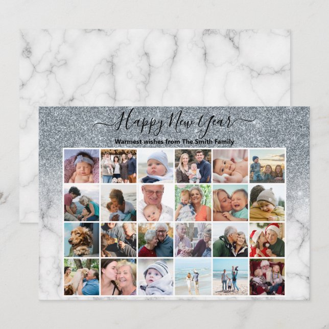 Modern Silver Glitter Marble Elegant Script Photo  Holiday Card (Front/Back)