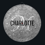 Modern silver glitter monogram name dart board<br><div class="desc">Modern silver glitter dart board with a white typography name and black monogram. Personalize with name and initial.</div>