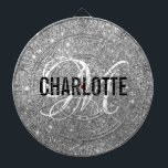 Modern silver glitter monogram name dart board<br><div class="desc">Modern silver glitter dart board with a white typography name and black monogram. Personalize with name and initial.</div>