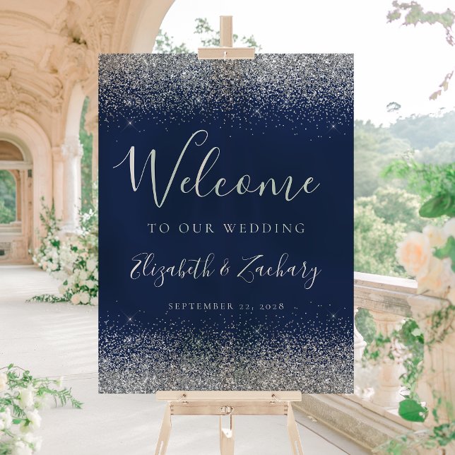 Modern Silver Glitter Navy Blue Wedding Welcome Acrylic Sign (Creator Uploaded)