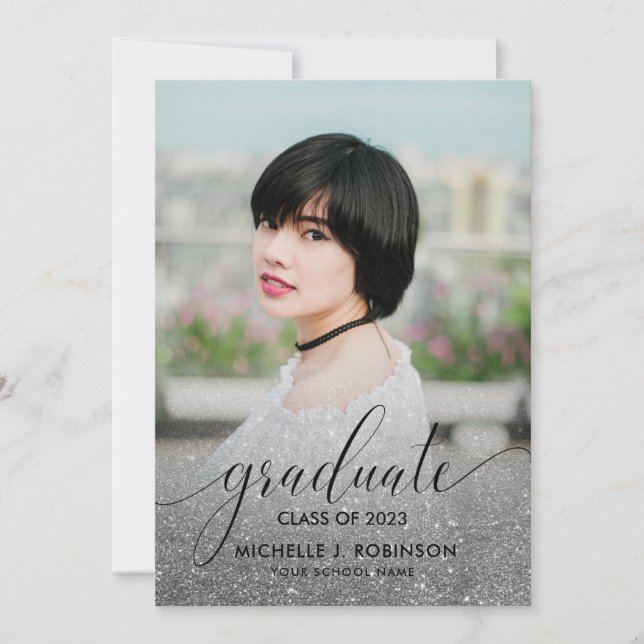 Modern Silver Glitter Ombre Girly Photo Graduation Announcement (Front)