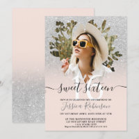 Modern silver glitter ombre photo floral Sweet 16