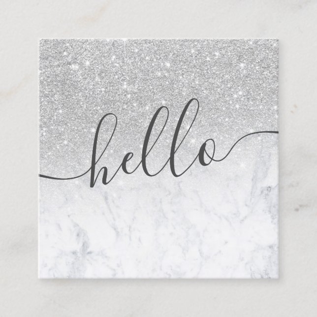 Modern silver glitter ombre white marble hello square business card (Front)