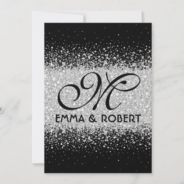 Modern Silver Glitter on Black Invitation (Front)