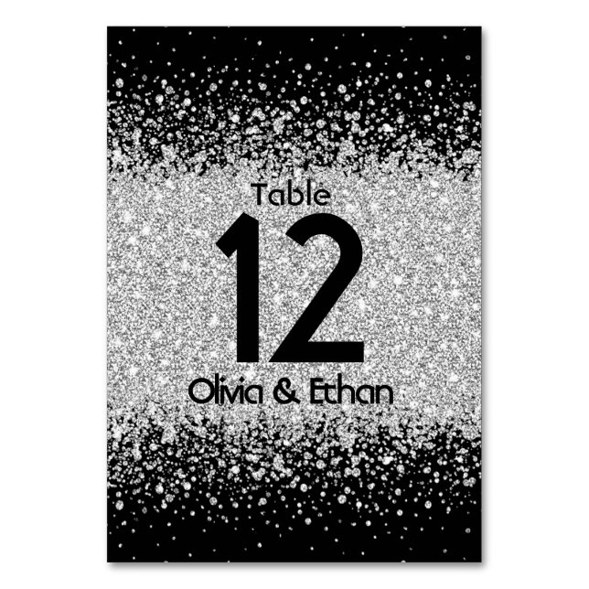 Modern Silver Glitter on Midnight Black Table Number (Front)