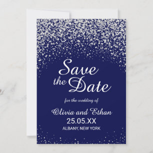 Modern Silver Glitter on Royal Blue Save The Date
