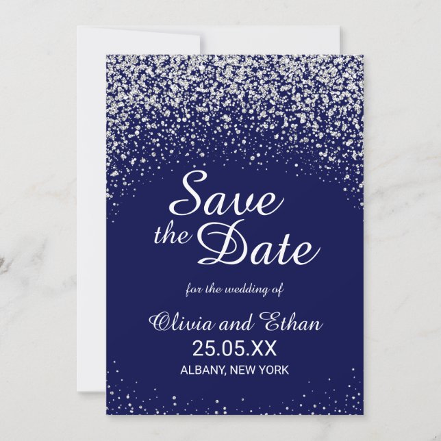 Modern Silver Glitter on Royal Blue Save The Date (Front)