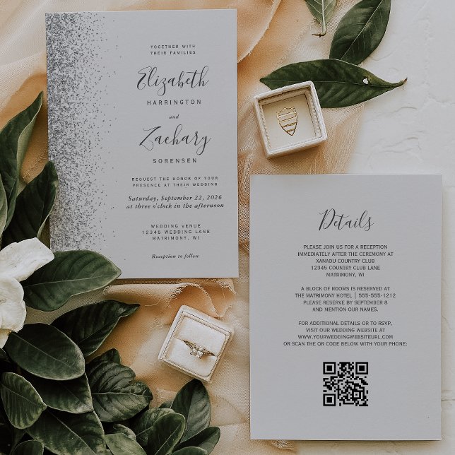Modern Silver Glitter Pale Grey QR Code Wedding Invitation (Creator Uploaded)