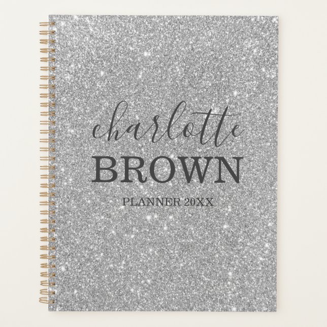 Modern Silver Glitter Personalized Planner (Front)