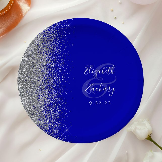 Modern Silver Glitter Royal Blue Wedding Paper Plate (Creator Uploaded)