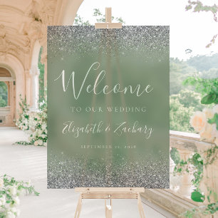 Modern Silver Glitter Sage Green Wedding Welcome Acrylic Sign