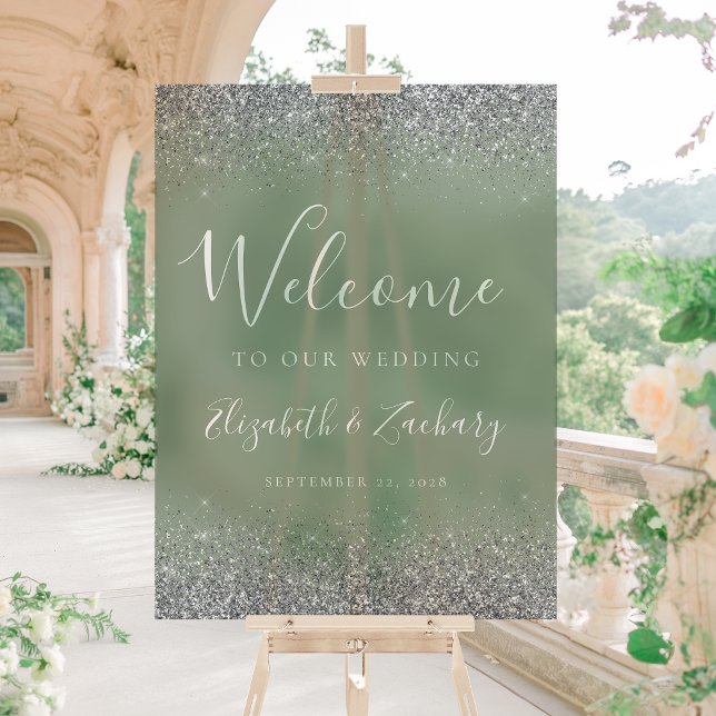 Modern Silver Glitter Sage Green Wedding Welcome Acrylic Sign (Creator Uploaded)