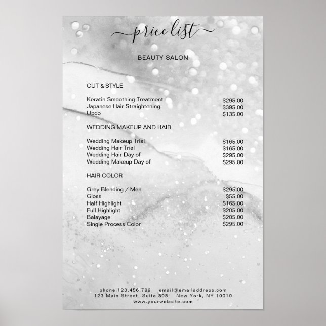 Modern Silver Glitter Salon Price List Poster (Front)