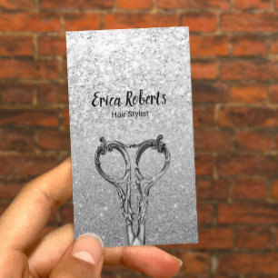 Modern Silver Glitter Scissor Hair Stylist Business Card