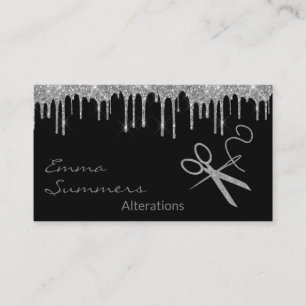 Modern Silver Glitter Scissors Thread Alterations Business Card