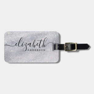 Modern Silver Glitter Script Name  Luggage Tag