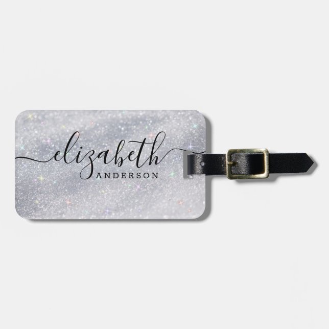 Modern Silver Glitter Script Name  Luggage Tag (Front Horizontal)