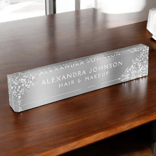 Modern Silver Glitter Sparkle Hair Makeup Nameplate