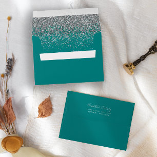 Modern Silver Glitter Teal Blue Wedding Envelope
