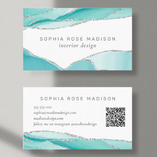 Modern Silver Glitter Teal Mint Agate QR Code Business Card