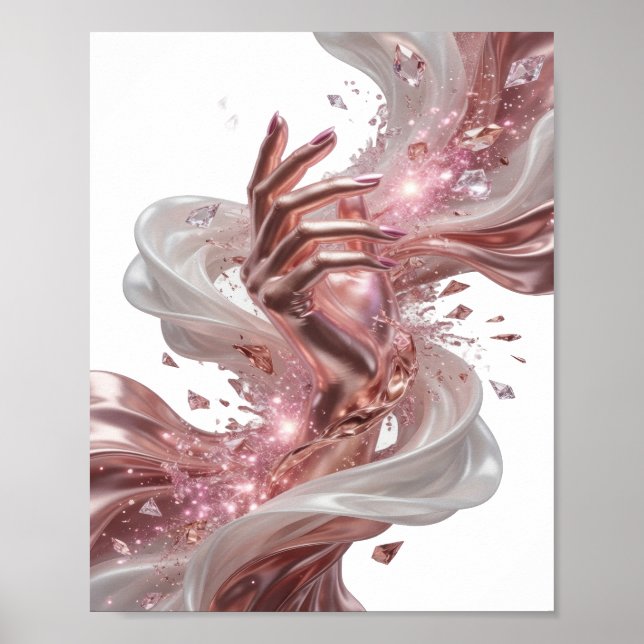 Modern Silver GLOWING HAND WITH DIAMONDS AND SILK Poster (Front)