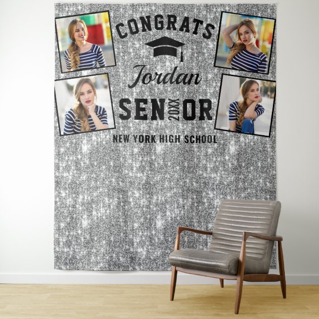 Modern Silver Graduation 4 Photo Booth Backdrop Tapestry (In Situ)