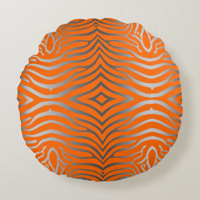 Modern Silver-Grey And Orange Zebra Stripes Round Pillow (Front)