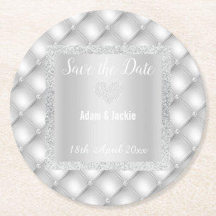MODERN SILVER GREY DIAMOND SAVE THE DATE COASTER