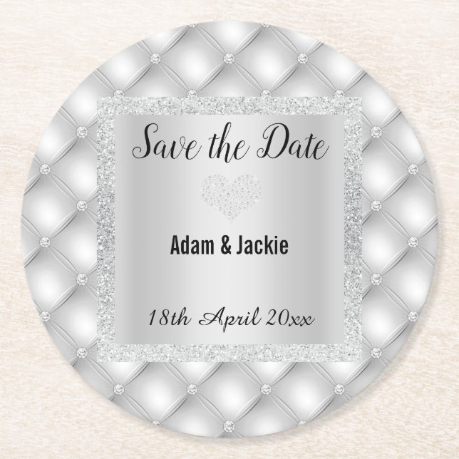 MODERN SILVER GREY DIAMOND SAVE THE DATE COASTER (Front)