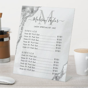 Modern Silver Grey Glitter Agate Marble Monogram Pedestal Sign