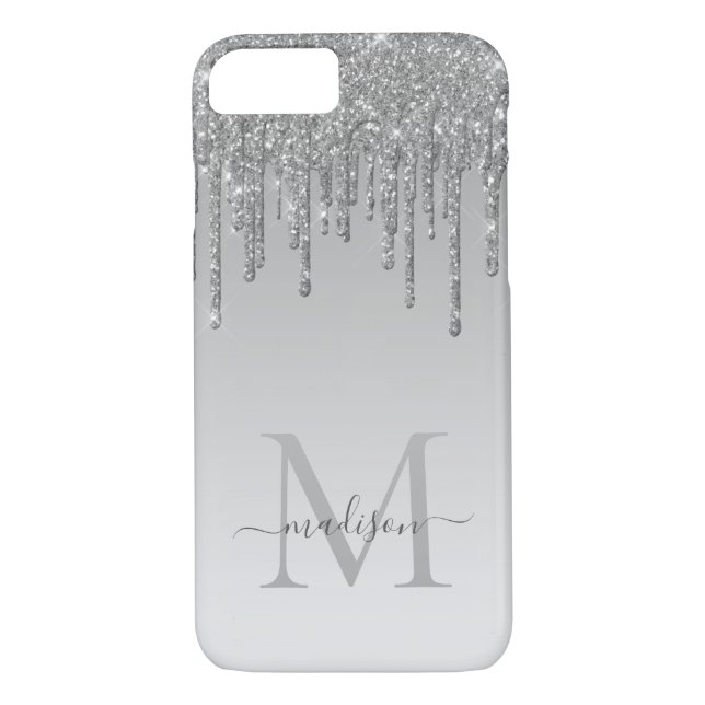 Modern Silver Grey Glitter Drips Sparkle Monogram Case-Mate iPhone Case (Back)