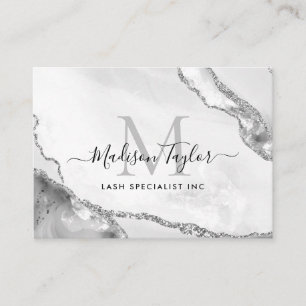 Modern Silver Grey Glitter Marble Agate Monogram Business Card