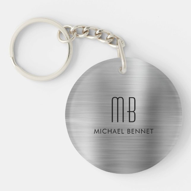 Modern Silver Grey Monogrammed Keychain (Front)